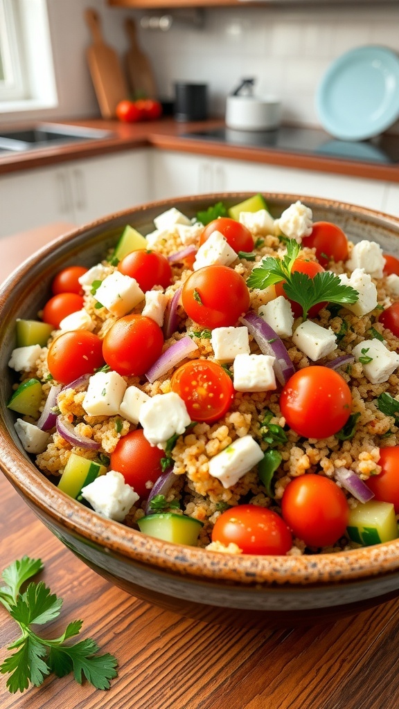 A colorful Mediterranean quinoa salad with tomatoes, cucumbers, onion, and feta cheese in a rustic bowl.